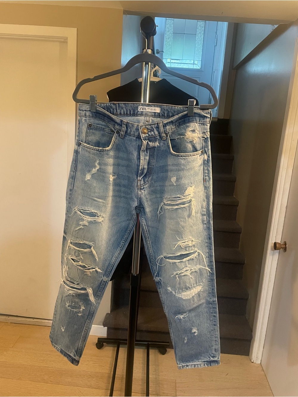 Zara Men Slim Straight Distressed Light Blue Jeans